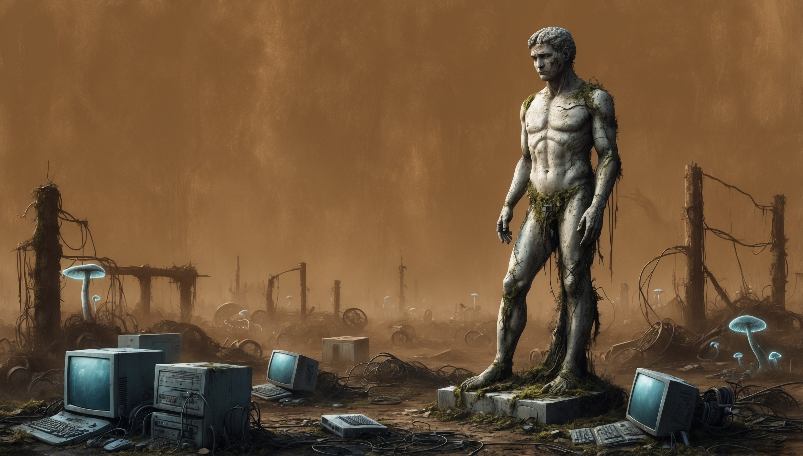 A hauntingly beautiful illustration of a post-apocalyptic world, set against a warm, golden-brown background, evoking a sense of nostalgia and decay. In the center, a crumbling, life-sized statue of a human figure, worn away by time and the elements, with visible cracks and chips, stands as a poignant reminder of a lost civilization. The once-proud monument now appears worn, with moss and vines crawling up its legs, symbolizing the triumph of nature over human existence. In the foreground, scattered remnants of technology, such as old computer parts, wires, and broken machinery, lie abandoned, rusted, and corroded. The atmosphere is heavy with an air of desolation, and the only hint of color comes from faint, eerie luminescent mushrooms growing amidst the ruins, casting an otherworldly glow. The overall style is a mix of digital painting and traditional media, with bold brushstrokes and textures, blending realism with a touch of mysticism.